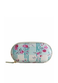 Kukkakuvioinen kotelo, jossa on vaaleansininen tausta, pinkkejä kukkia ja vihreitä raitoja, soikea muoto, kangasmateriaali, kultainen vetoketju.