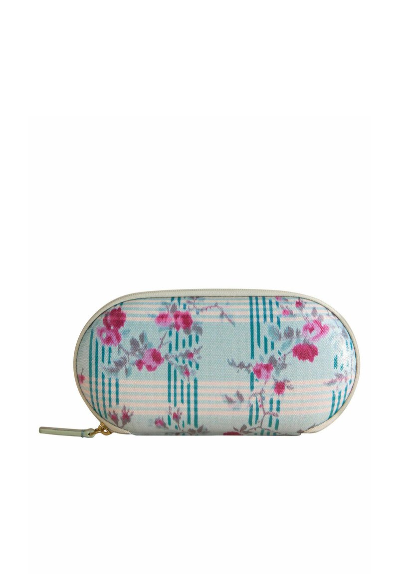 Kukkakuvioinen kotelo, jossa on vaaleansininen tausta, pinkkejä kukkia ja vihreitä raitoja, soikea muoto, kangasmateriaali, kultainen vetoketju.