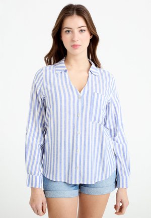 Młoda kobieta zwrócona przodem, ubrana w niebiesko-białą koszulę w pionowe paski zapinaną na guziki oraz podwinięte krótkie spodenki dżinsowe na białym tle.