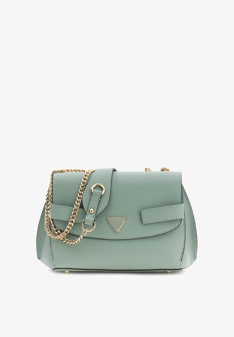 Grüne strukturierte Handtasche mit goldfarbener Kettenriemen, dreieckigem Logo und Klappentasche. Verfügt über ein glattes Material und ein strukturiertes Design.