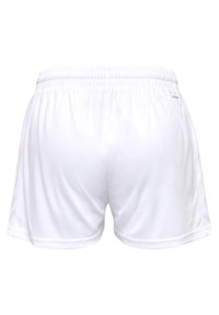 Vita idrottsshorts med elastisk midja, diskreta sidostreck, och en liten logotyp nära nederkanten på bakre högra sidan.