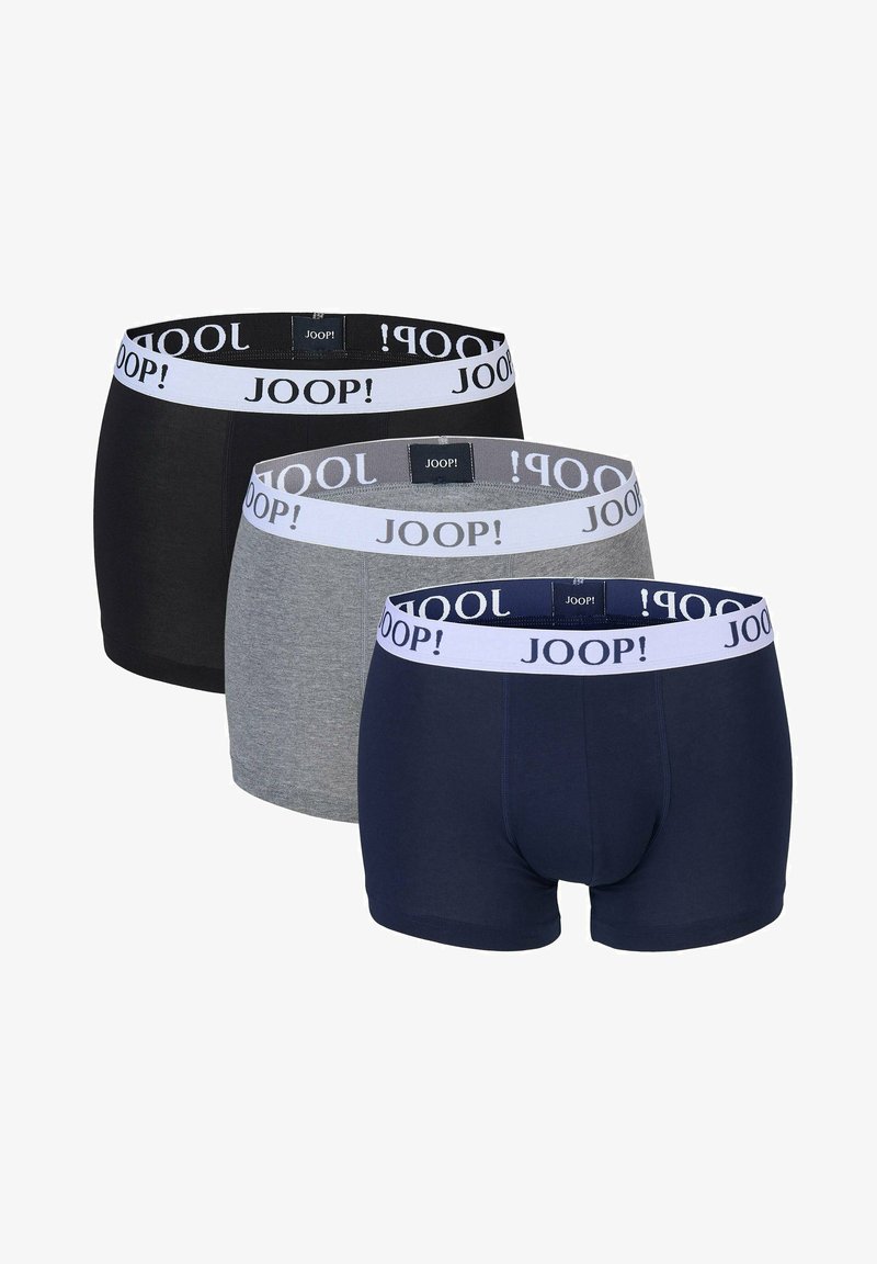 Drei Herren-Boxershorts in Schwarz, Grau und Marineblau, mit elastischem JOOP!-Logo-Bund, weichem Baumwollstoff und anliegendem Schnitt.