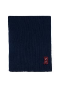 Jūras zila ribota adīta šalle ar mazu bordo "B" logo vienā stūrī. Mīksta tekstūra un taisnstūra forma.