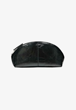 Black leather cosmetics pouch with a rounded shape, smooth texture, and a zipper closure. Features a subtle sheen and minimalistic design.