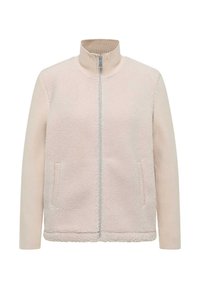 Vaaleanbeige fleece-takki, jossa on korkea kaulus, täysi vetoketju, ribattu hihansuu ja sivutaskut; pehmeä rakenne, moderni muotoilu ja rento tyyli.