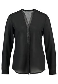 Blouse noire à manches longues avec un col mandarin, en tissu transparent et avec un plastron en satin à l'avant ; ourlet légèrement arrondi en bas.