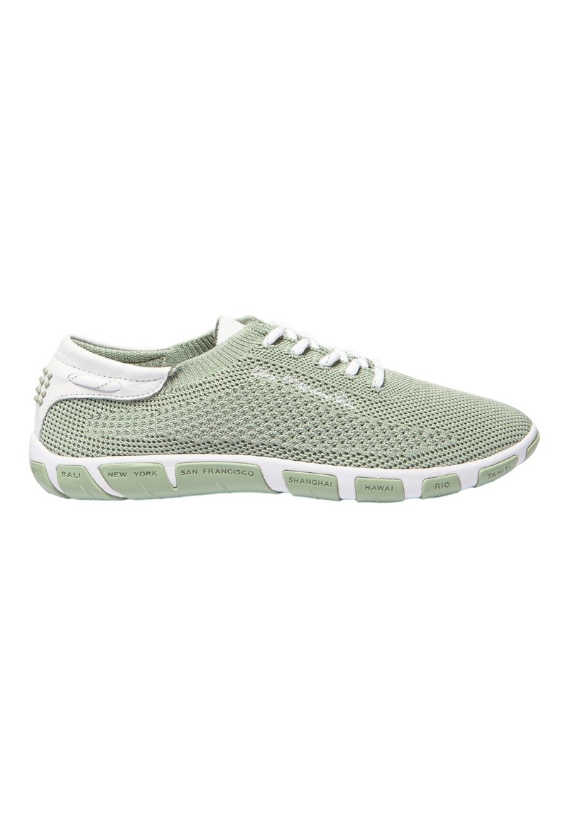 Baskets en mesh vert clair avec une surface texturée, accents blancs et une semelle flexible comportant des noms de villes embossés sur le côté.