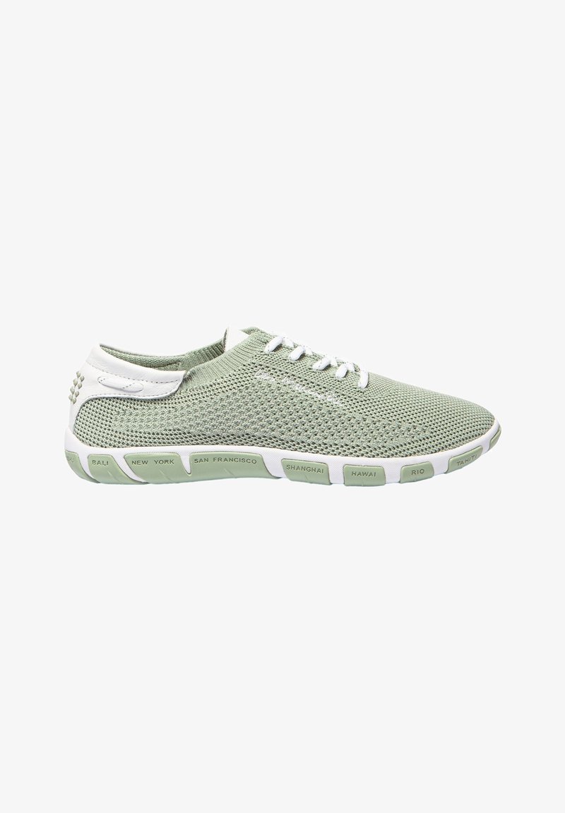 Light green mesh shoes with a textured surface, white accents, and a flexible sole featuring city names embossed on the side.