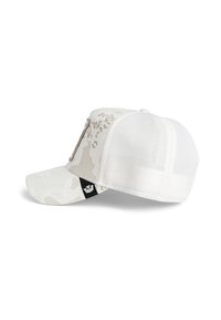 White camo cap with a curved brim, mesh back, and embroidered accent. Features a black logo tag on the side.