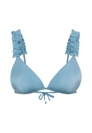 Világoskék háromszög bikini felső, mely texturált fodros pántokkal, elöl köthető megkötéssel és enyhén fényes, sima anyaggal rendelkezik.