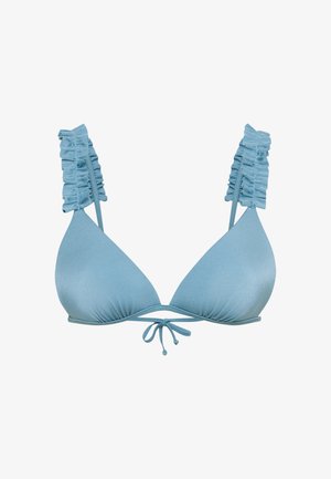 Világoskék háromszög bikini felső, mely texturált fodros pántokkal, elöl köthető megkötéssel és enyhén fényes, sima anyaggal rendelkezik.