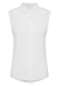 Ärmprioritets vit skjorta med knapplåst fram, klassisk krage, slät yta och rundad nederkant.