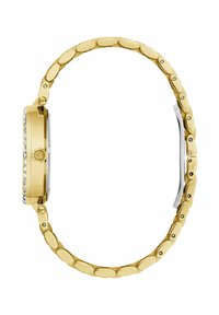 Ceas de mână cu un finisaj auriu, cu carcasă rectangulară, împodobit cu cristale clare. Brățara din zale are zale netede, rotunjite și un închizător argintiu.