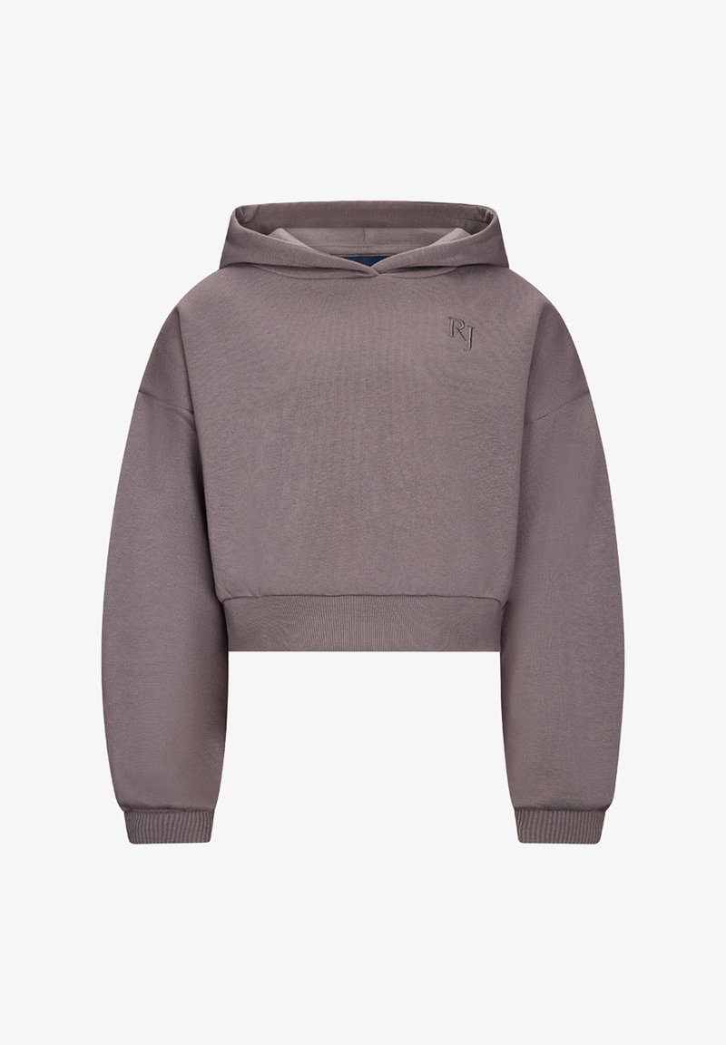 Felpa a maniche lunghe color malva polveroso, taglio cropped, con polsini e orlo a costine, e discreto ricamo "RJ" sul petto sinistro.