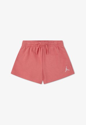 Roosa puuvillane lühikesed püksid elastse vöökoha ja reguleeritava nööriga. Alumises paremas servas on valge Jumpman logo.