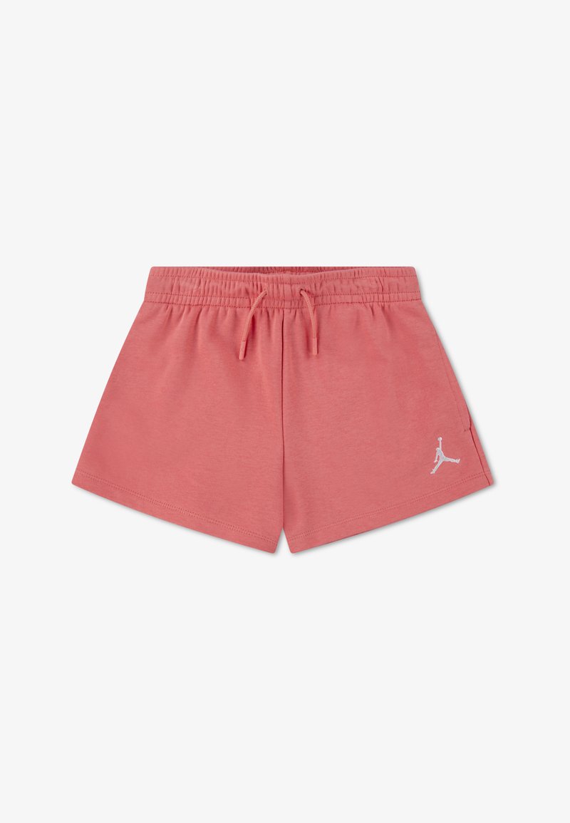 Rožinės medvilninės šortai su elastinga juosta ir reguliuojama raišteliu. Priekyje apačioje dešinėje pusėje yra balta Jumpman logotipas.