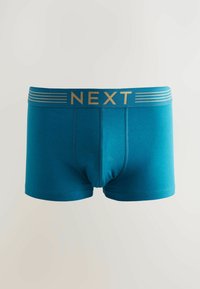 Boxers pour hommes turquoise avec une texture douce, présentant un logo doré "NEXT" sur la ceinture élastique et des accents de rayures discrètes.