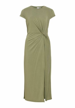 Olijfgroene midi-jurk met korte mouwen, ronde halslijn, zijknoopdetail en vooraan een split.