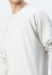 Felpa grigia chiaro realizzata in un tessuto morbido e testurizzato. Presenta un collo rotondo e maniche raglan, con un aspetto leggermente oversize.