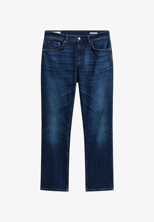 Donkerblauwe denim jeans met knoopsluiting, vijf zakken, lichte vervaging op de dijen en rechte pijpen.