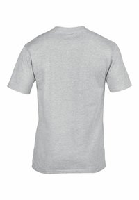 Camiseta de manga corta en gris claro, vista desde la espalda sobre un fondo blanco, con un cuello redondo y sin logotipos o diseños visibles.
