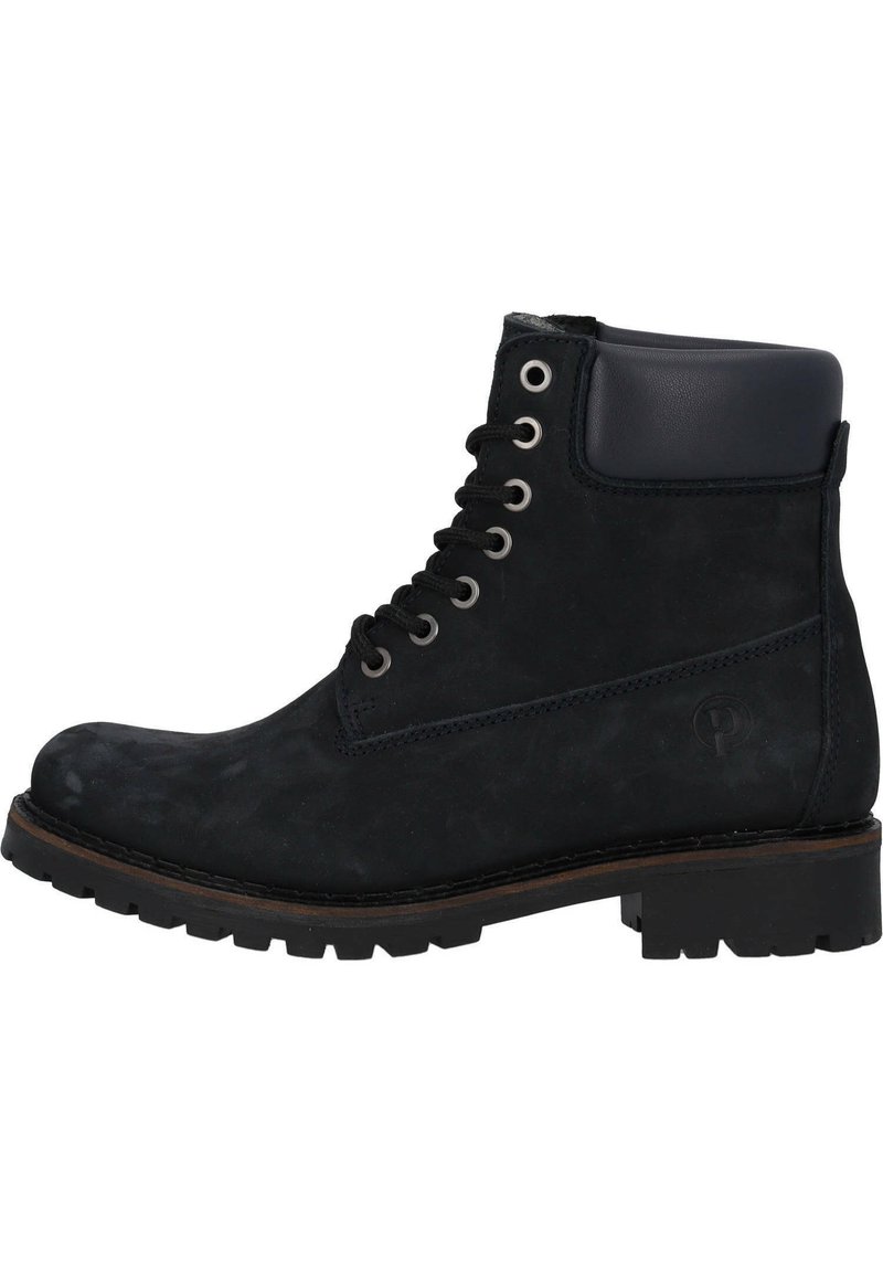 Stivaletto in pelle nera con finitura testurizzata, design con lacci, occhiali in metallo e suola in gomma robusta con un leggero tacco.