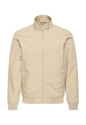 Beige Reißverschlussjacke mit Stehkragen, elastischen Bündchen und Saum, mit Seitentaschen und glattem, leichtem Stoff.