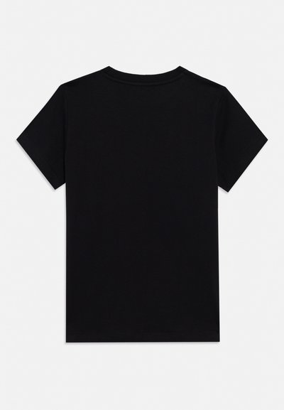 Preprosta črna majica s kratkimi rokavi, prikazana od zadaj z okroglim izrezom na belem ozadju.