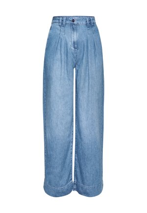 Light blue denim wide-leg trousers with pleats at the waistband, a button closure, and cuffed hems. Smooth texture with a classic design.