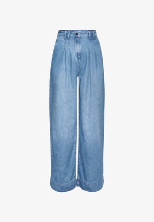 Light blue denim wide-leg trousers with pleats at the waistband, a button closure, and cuffed hems. Smooth texture with a classic design.