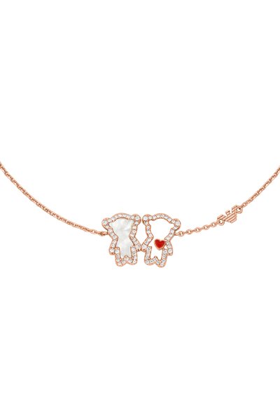 Roségold-Armband mit zwei Bärenanhängern, einer mit perlmuttartigem Finish und der andere zeigt ein rotes Herz, verziert mit klaren Kristallen.