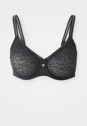 Svart blonde-bh med leopardmønster, med støtte fra undertråd, justerbare stropper og detaljer med trekantlås foran. Myk tekstur.
