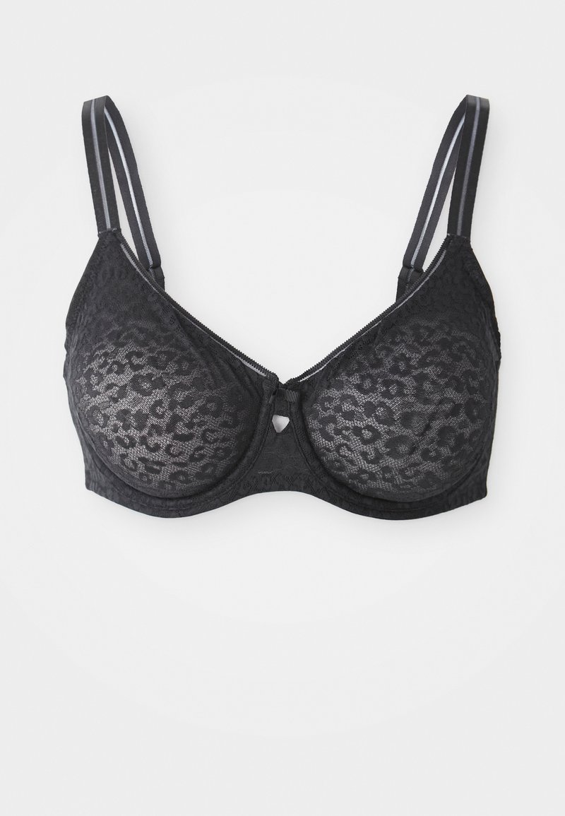 Svart blonde-bh med leopardmønster, med støtte fra undertråd, justerbare stropper og detaljer med trekantlås foran. Myk tekstur.
