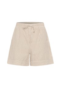 Beige és fehér csíkos nadrág, elasztikus derékrésszel, zsinóros részletekkel és feltekert szegéllyel. Puha, könnyű anyagból készült.