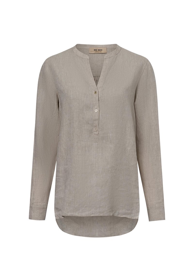 Langärmlige, taupefarbene Bluse mit rundem Ausschnitt, Knopfblende und leicht abgerundetem Saum. Der Stoff hat eine strukturierte Oberfläche.