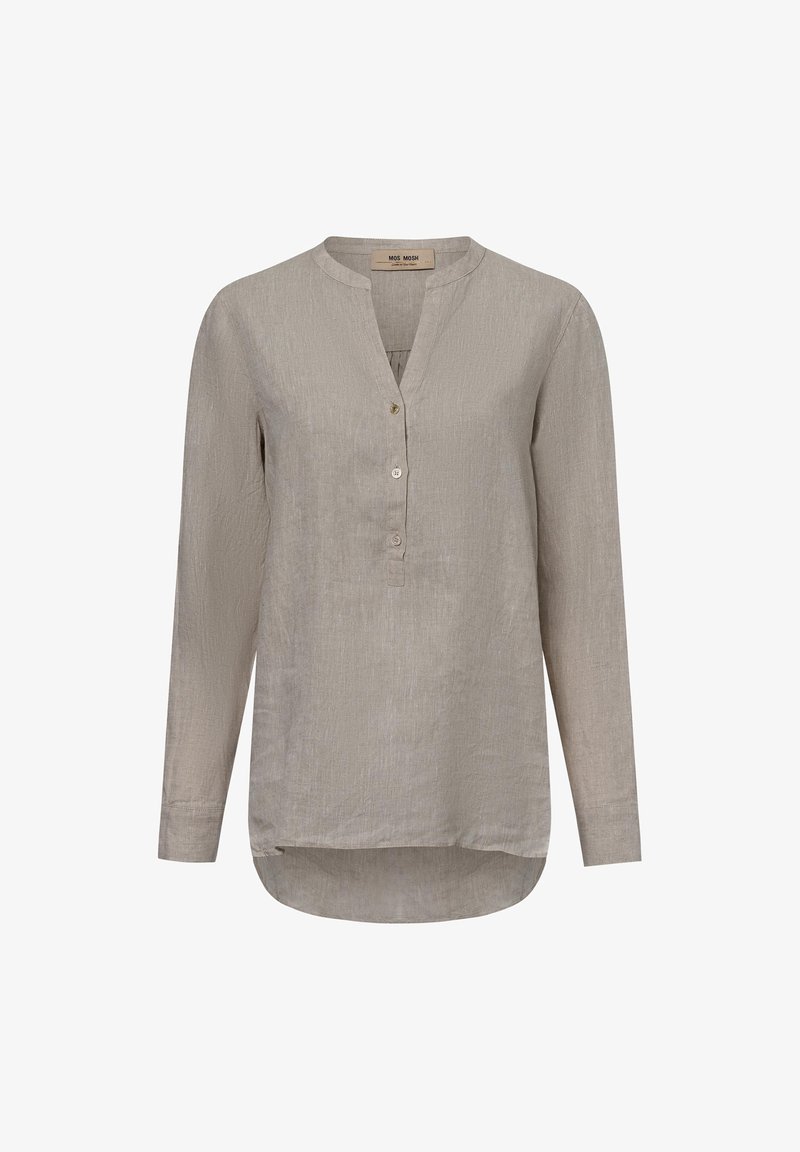 Langärmlige, taupefarbene Bluse mit rundem Ausschnitt, Knopfblende und leicht abgerundetem Saum. Der Stoff hat eine strukturierte Oberfläche.