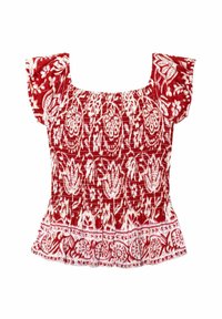 Top rojo con fruncidos y mangas cortas con volantes, que presenta un patrón floral blanco. Tela texturizada con un corsé ajustado y un dobladillo acampanado.