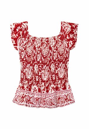 Top rojo con fruncidos y mangas cortas con volantes, que presenta un patrón floral blanco. Tela texturizada con un corsé ajustado y un dobladillo acampanado.