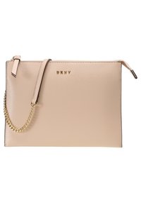 DKNY beige faux leather crossbody purse with a gold chain strap, featuring a zip closure and embossed logo on the front.