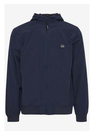 Marineblauwe hoodie met een volledige ritssluiting, elastische manchetten en een klein logo op de borst. Lichtgewicht, gladde textuur.