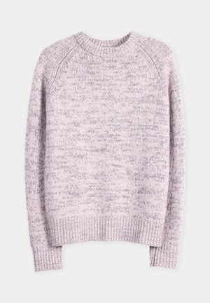 Helllila gestrickter Pullover mit langen Ärmeln, gerippten Bündchen und Saum, Rundhalsausschnitt und einem weichen, strukturierten Muster.