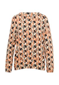 Langsleeve shirt met een geometrisch patroon in perzik, oranje, crème, grijs en zwart. Zachte stof met een gerimpelde manchetten en een bootnek.
