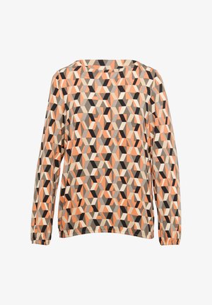 Koszula z długim rękawem z geometrycznym wzorem w odcieniach brzoskwini, pomarańczy, kremu, szarości i czerni. Miękka tkanina, marszczone mankiety i żabotowy dekolt.