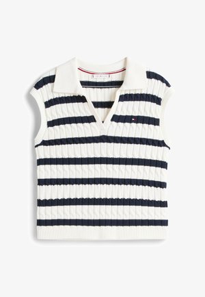 Gilet en tricot sans manches crème avec des rayures horizontales bleu marine et blanches, présentant une texture côtelée et un col en V.