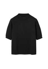 Schwarzes Kurzarmoberteil mit hohem Kragen. Hergestellt aus strukturiertem Material mit einem subtilen Schimmer. Gerade geschnitten und lockere Passform.