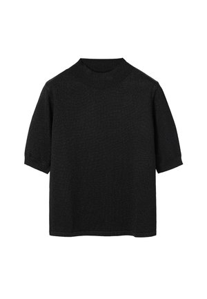 Top nero a maniche corte con colletto alto. Realizzato in materiale testurizzato, presenta una leggera luminosità. Taglio dritto e vestibilità comoda.