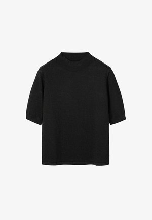 Top nero a maniche corte con colletto alto. Realizzato in materiale testurizzato, presenta una leggera luminosità. Taglio dritto e vestibilità comoda.