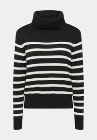 Gestreifter schwarz-weißer Pullover mit hohem Rollkragen, gerippten Bündchen und Saum, gefertigt aus einem strukturierten Strickstoff.