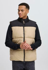 Beige ja must pufferi vest, millel on kõrge krae, lukuga sulgemine ja küljetaskud. Valmistatud sileda, isoleeritud kangaga.