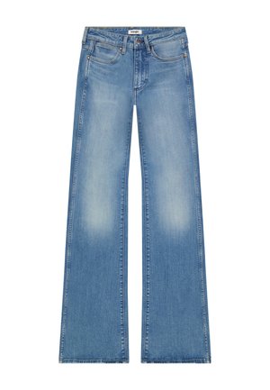 Világoskék, magas derekú Wrangler farmernadrág, egyenes, széles szárú szabással, finom koptatással a combok és térdek környékén.